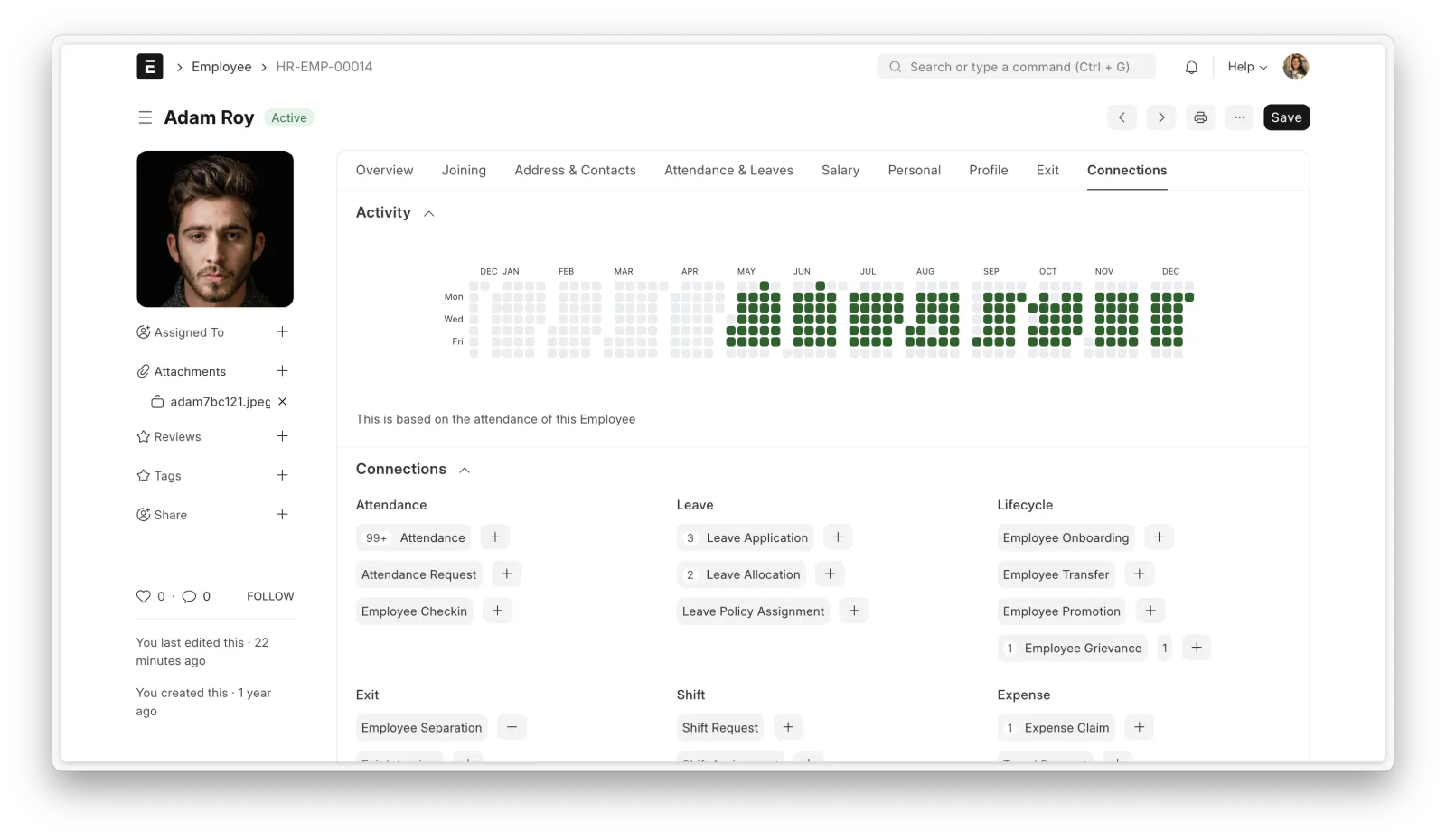 HR workspace showing an employee profile, attendance activity, leave, lifecycle, shift, and expense records